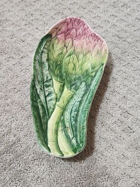 Majolica Artichoke Ceramic Serving Platter Handpainted Pink Green Made In Italy